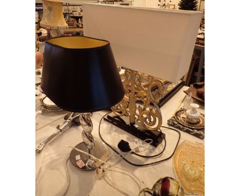 Chrome table lamp with black shade and gold painted ornate metal rectangular lamp 