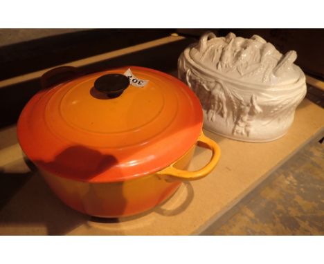 Large Le Creuset pan with lidded game ceramic pot 