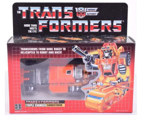 Boxed Hasbro G1 Transformers Triple Changer ‘Sandstorm’ 1986 issue, transforms from dune buggy to helicopter to robot and bac