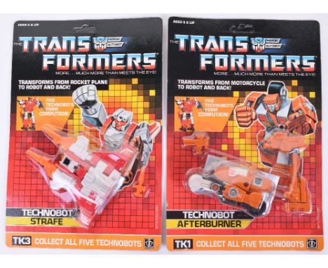 Two Original Carded Hasbro G1 Transformers, TK1 Technobot ‘Afterburner’ Motorcycle and TK3 Technobot ‘Strafe’ Rocket Plane, 1