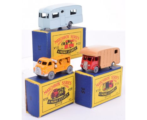 Three Boxed Matchbox Moko Lesney Models,23a Berkley Caravan, pale blue, metal wheels,28a Bedford Compressor, orange body, sil