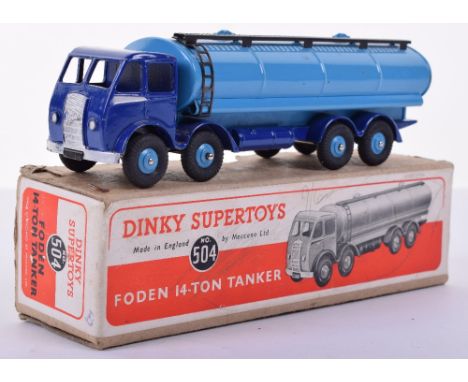 Dinky boxed 504 Foden 14-ton Tanker, 1st type dark blue cab and chassis, silver flash, light blue tank and hubs, plain card b