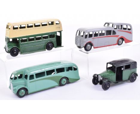 Four Unboxed Dinky Toys Public Transport Vehicles,29c Double Deck Bus, 1st type AEC grille, green/cream, black ridge wheels, 