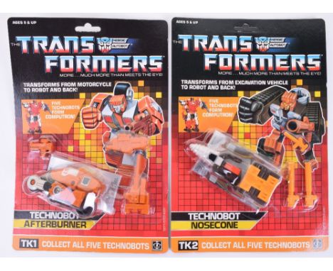 Two Original Carded Hasbro G1 Transformers, TK1 Technobot ‘Afterburner’ Motorcycle and TK2 Technobot ‘Nosecone’ Excavation Ve