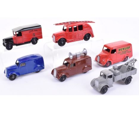 Six Unboxed Post-War Dinky Toys, 25h Streamline Fire Engine (missing bell)30e Bedford breakdown van, grey body, 31b Trojan Du