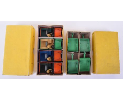 Dinky complete Trade Boxes 27d Land Rover and 27m Land Rover trailers, 27d box containing orange with dark blue interior red 