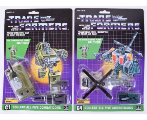 Two Original Carded Hasbro G1 Transformers, C1 Combaticon ‘Brawl’ Tank and C4 Combaticon ‘Vortex’ Helicopter, 1986 issues tra