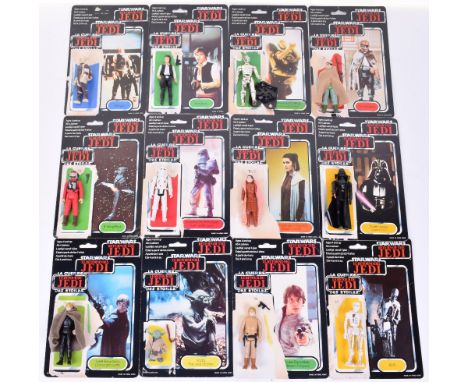 12x Vintage Star Wars Action Figures with Palitoy / General Mills Tri-Logo Card Backs, consisting of Prune Face (cape and rif