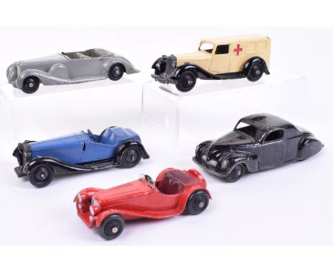Four Unboxed Dinky Toys Cars,36e British Salmson blue body, black chassis (missing windscreen and part of front bumper) 38c L