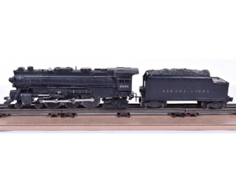 Lionel (post-war) 2055 4-6-4 Hudson type locomotive and tender, Lionel Lines bogie tender, overall good to fair condition som