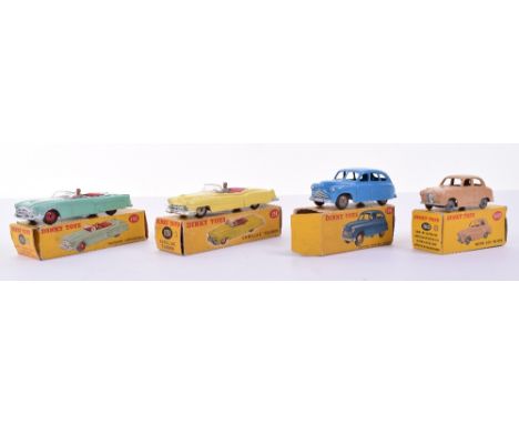 Dinky four boxed cars, 131 Cadillac Eldorado yellow, cerise interior, good, box fair dirty and one inner flap detached, 132 P