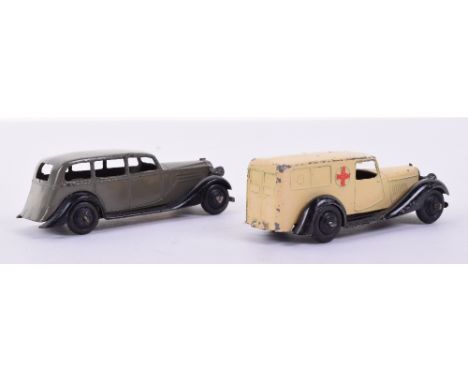 Dinky 30d Vauxhall and 30f Ambulance, Vauxhall plain chassis, grey/black, good few chips, Ambulance moulded chassis, cream, f