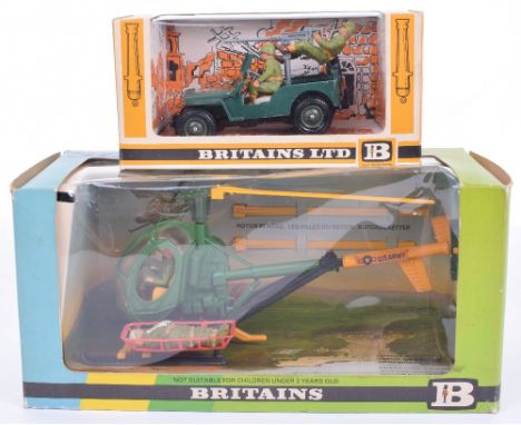 Britains 9786 US Jeep and 9761 Hughes 300C US Army Helicopter  both in good to excellent boxed condition (2 items)
