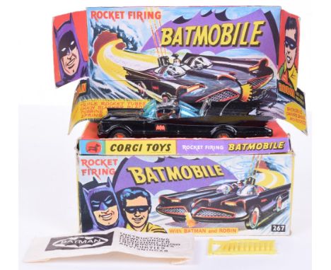 Corgi Toys 1st issue 267 Batmobile Boxed, gloss black, red bat hubs, blue tinted windscreens, with "Batman & Robin" figures, 