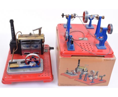 A Unboxed Mamod SP4 Steam Power Engine, in very good used condition, with chimney and burner plus a boxed Workshop WS1 with l