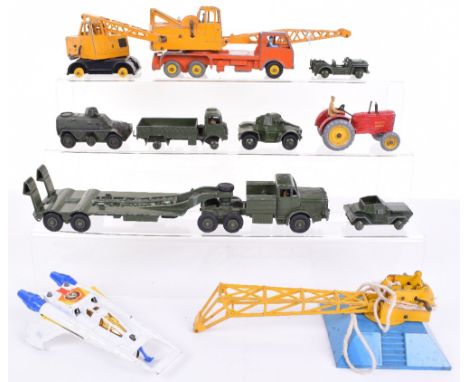 Ten unboxed Dinky Toys,27A Massey Harris tractor, 571 Coles crane,623 Army wagon,660 Mighty Antar Tank Transporter,  670 Daim