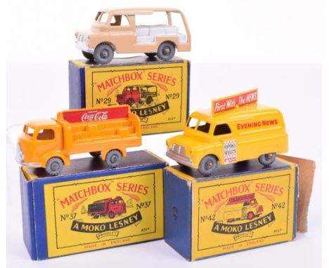 Three Boxed Matchbox Moko Lesney Models,29a Bedford Milk Delivery van, light brown body, white bottle load,  metal wheels,37a