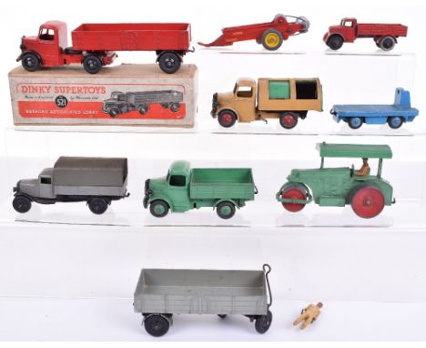 Nine Commercial Dinky Toys, Boxed 521 Bedford Articulated Lorry, red body, black wings, unboxed 14a B.E.V. truck, 22c Motor t