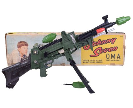 Boxed Triang Johnny Seven O.M.A One Man Army Toy Gun, 6025 distributed by Deluxe-Topper Toys, seven guns in one, grenade laun