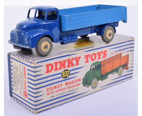 Dinky boxed 932 Comet wagon with hinged tailboard, dark blue cab and chassis, light blue back and cream hubs, good condition 