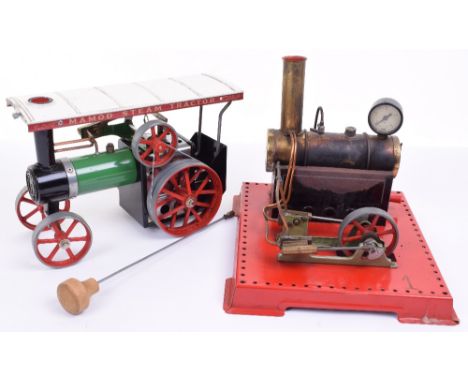 A Mamod TE 1a Traction Engine, with steering extension and a Steam Powered Engine both in good used condition with burners (2