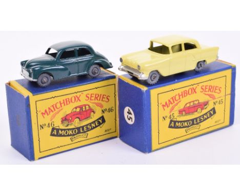 Two Boxed Matchbox Moko Lesney Models,45a Vauxhall Victor, lemon body, metal wheels and 46a Morris Minor, dark green body, me