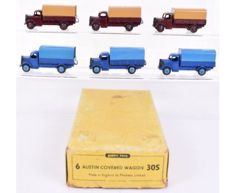 Scarce Dinky Toys Trade Box 30S Six Austin Covered Wagons, three dark blue body, light blue tin tilt/wheel hubs, three maroon