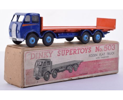 Dinky boxed 503 Foden Flat truck with tailboard, 1st type deep blue cab and chassis, orange flash and back, light blue hubs, 