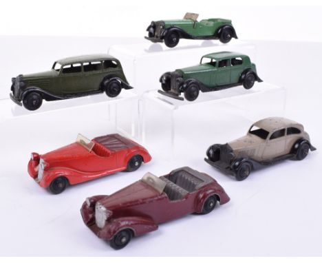 Six Unboxed Dinky Toys Cars,30b Rolls Royce, fawn/black, 30c Daimler, green/black,30d Vauxhall, olive green/black, 36e Britis