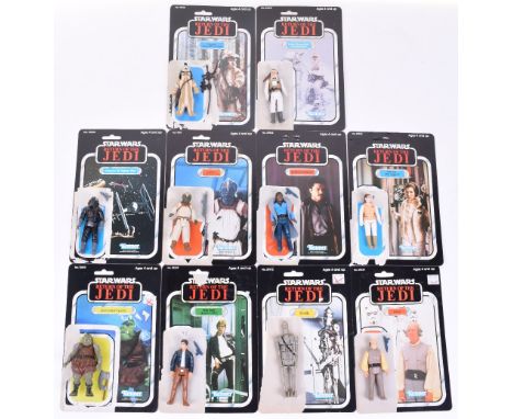 10x Vintage Star Wars Action Figures with Return of the Jedi 77 Card Backs, consisting of Luke Skywalker Hoth Battle Gear, Lo