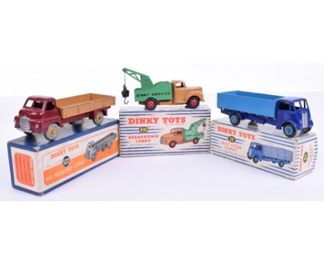 Dinky three boxed Commercials, 430 Breakdown lorry fawn cab, green back and red hubs, good condition couple of minor chips, b