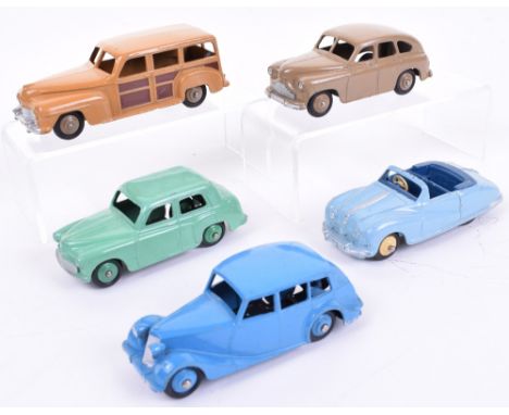 Five Unboxed Dinky Toys Cars,27f Estate Car, pale brown, dark brown panels, fawn wheel hubs, 40b Triumph 1800 saloon, mid blu