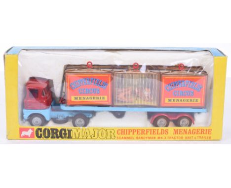 Corgi Toys 1139 Chipperfields Circus Menagerie, Scammel Handyman MK.3 Tractor Unit & Trailer, blue/red body, with three anima