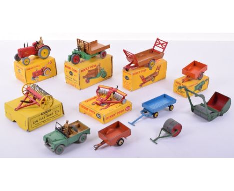 Dinky 300 Massey-Harris tractor and other Farm vehicles and accessories, boxed 300 tractor red, yellow cast wheels near mint,