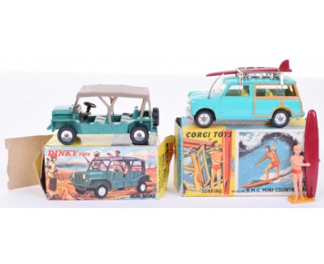 Corgi Toys 485 Surfing B.M.C. Mini Countryman, sea green body, lemon interior, 2 surfboards, surfing figure spun wheels, in n