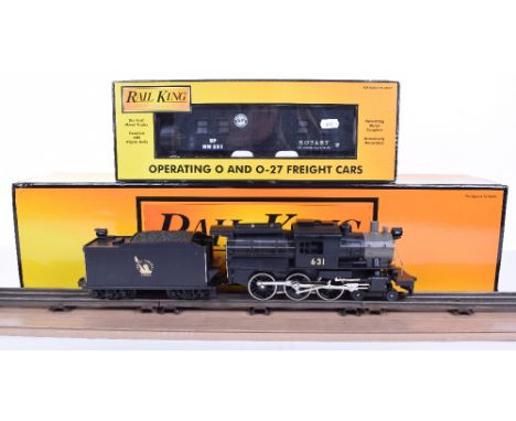 Rail King by MTH electric trains, 0 gauge 4-6-0 Camelback steam engine and tender, engine No.631 and Jersey Central Lines ten