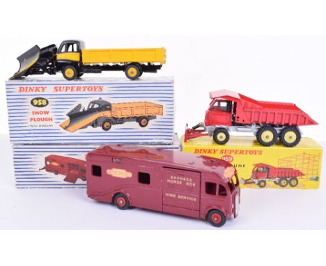 Three Boxed Dinky Supertoys, 958 Guy Snow Plough (missing blue light to cab) 959 Foden Dump trck with Bulldozer blade and 981