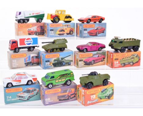 Ten Matchbox Superfast 1:75 series boxed, 54 Personnel carrier, 63 Freeway gas tanker BP Super, 67 Datsun 260-Z, 68 Chevrolet