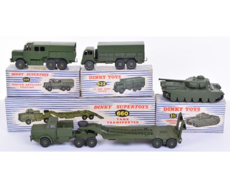 Dinky boxed Military vehicles, 660 Tank Transporter, box with inner packing, 651 Centurion tank, 622 10-ton Army truck, 689 M