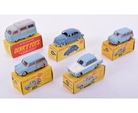 Dinky five boxed cars, 181 VW greyish-blue, mid-blue hubs, good, box fair, one end flap detached, one inner flap replaced, 18