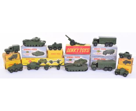 Dinky boxed Military vehicles, 697 25-Pounder Field gun set, good to excellent, box good, 2x622 10-ton army trucks, 2x651 Cen