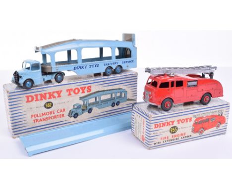 Dinky boxed 582 Pullmore car transporter and 955 Fire engine, car transporter light blue cab mid blue hub and loading ramp, g