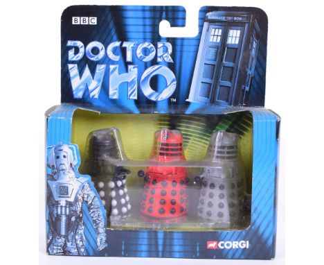 Corgi Dr.Who 3- Piece Dalek Set, with original signatures of Colin Baker(sixth Dr Who) and Nicholas Courtney (the Brigadier) 