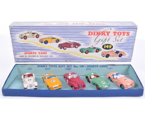 Scarce Dinky Toys Five Model Sports Cars Gift Set 149 (Competition Finish) including 108 M.G. Midget Sports-white body, 109 A