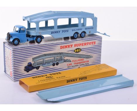 Dinky boxed 982 Pullmore car transporter, mid-blue cab and hubs, light blue back and decks, together with 794 loading ramp wi
