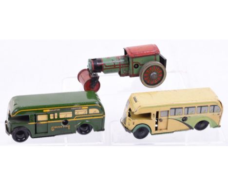 Three Tinplate Wells Brimtoy Models, Greenline single deck bus, private single deck pocketoy coach and a road roller (missing