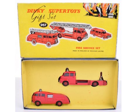 Dinky Toys 957 Fire Service Gift Set, 955 Fire Engine with extending ladder, 956 Bedford Turntable Escape and 257 Nash Ramble