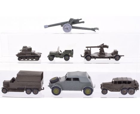 Dinky Toys Military Models, 151b six wheeled Army covered wagon,152a Light Tank (complete with tracks-missing aerial) 152b Re