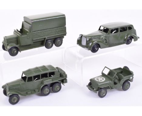 Three Dinky Toys Military Models, 151b six wheeled Army covered wagon, with ridged wheel hubs, 152b Reconnaissance car, with 