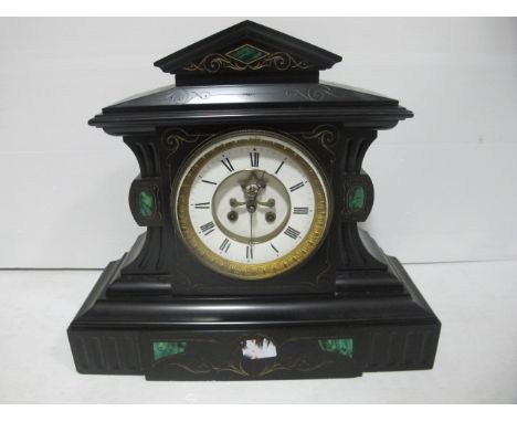 A GOOD VICTORIAN SLATE AND MALACHITE INLAID MANTLE CLOCK with circular white enamel dial